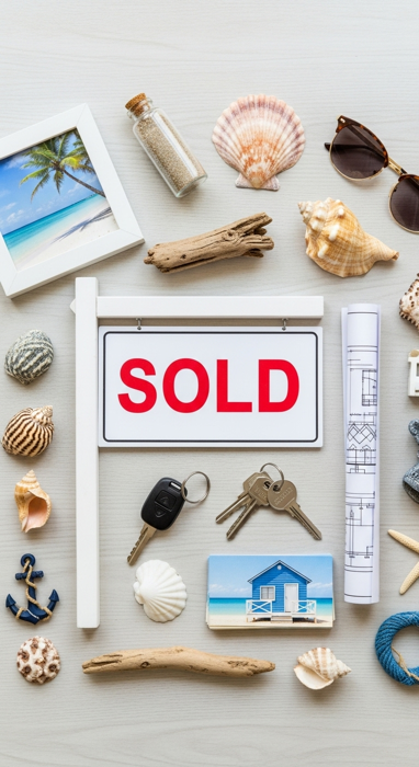 SOLD sign with house keys, shells, and beach decor, representing the best real estate agents in Pensacola FL.