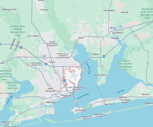 Map of Pensacola, Florida, highlighting city boundaries, nearby communities, highways, and surrounding water bodies including Pensacola Bay and East Bay.