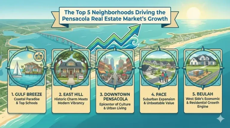Infographic titled "The Top 5 Neighborhoods Driving the Pensacola Real Estate Market's Growth," featuring five illustrated panels for Gulf Breeze, East Hill, Downtown Pensacola, Pace, and Beulah, each with a descriptive caption and a corresponding illustration, set against an aerial view of the Pensacola coastline with a rising green arrow.