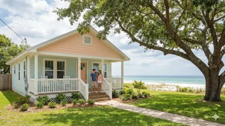 A young couple stands smiling on the front steps of a charming pastel coastal cottage overlooking a white sand beach and the ocean, illustrating the aspirational lifestyle of Pensacola real estate for first-time buyers.