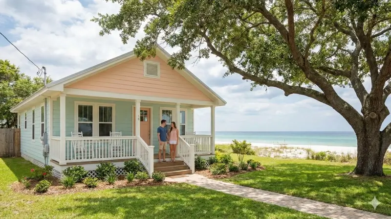A young couple stands smiling on the front steps of a charming pastel coastal cottage overlooking a white sand beach and the ocean, illustrating the aspirational lifestyle of Pensacola real estate for first-time buyers.