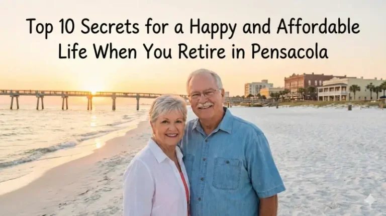 Featured blog image with a happy senior couple smiling on a Pensacola beach at sunset with a pier in the background, overlay text reads "Top 10 Secrets for a Happy and Affordable Life When You Retire in Pensacola."