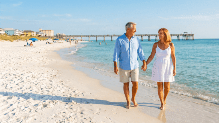 Retired couple walking hand in hand along the Florida Gulf Coast beaches near Pensacola