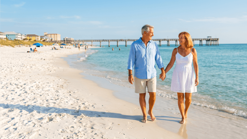 Retired couple walking hand in hand along the Florida Gulf Coast beaches near Pensacola